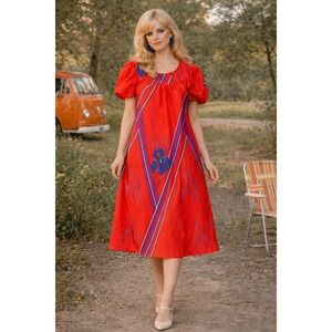 Vintage 70's Red Orange Puff Sleeve Midi Dress Floral Print Retro One Size